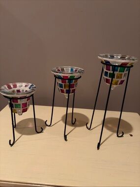 Set of 3 Mosaic Tiled Glass Candle Holders with Metal Stands